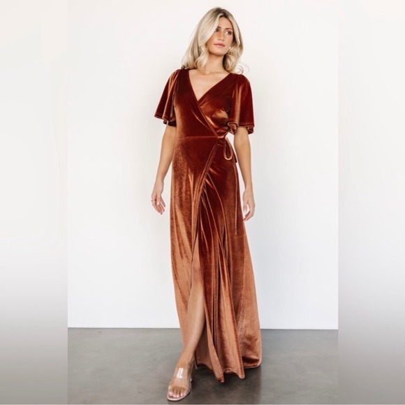 Baltic Born Dresses & Skirts - Baltic Born Meghan Velvet Wrap Maxi Dress Rust Flutter Sleeve High Slit Size M